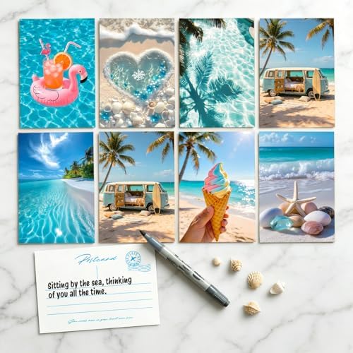 64Pcs Coastal Room Decor, Summer Beach Blue Postcards for Mailing, Beachy Posters Wall Decor for Teen Girls Dorm Bedroom, Beach Photo Collage Kit Blue Ocean Decor, 4x6