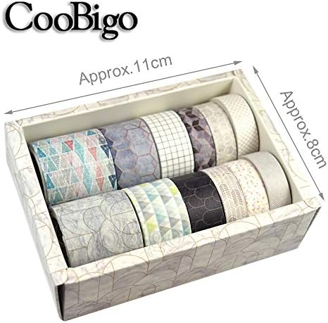 CooBigo Washi Tape Set, 12 Rolls 4 Size Decorative Masking Washi Tapes for Craft, Scrapbook, DIY, Planners, Gift Wrapping (Geometric Pattern)