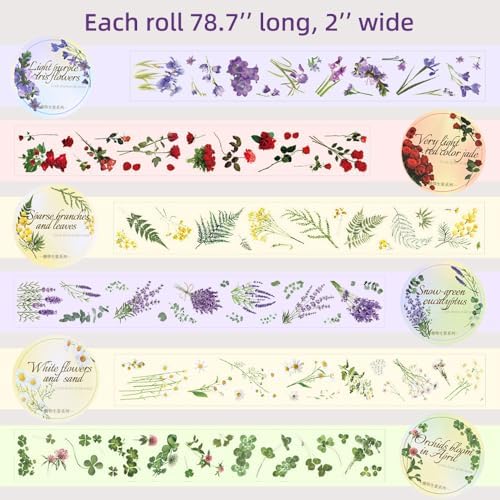 6 Rolls Floral Washi Pet Tape, Flower Decorative Tape Pre-Cut Wildflower Washi Tape for Journaling Scrapbook Supplies