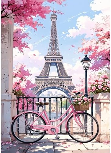 MVVMTOP Diamond Painting Kit for Adults 5D DIY The Eiffel Tower and Bicycles in Spring Full Drill Round Diamond Art Kits for Beginners Crystal Rhinestone Embroidery Painting Home Wall Decor Gift