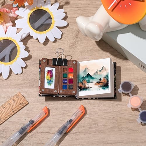 Qilery Mini Portable Watercolor Palette Set Wooden Grid Paint Box Watercolor Paper Sketch Book Brush Pens with Binder Clip for Painters Artist Not Include Paint(Rainforest Secrets)