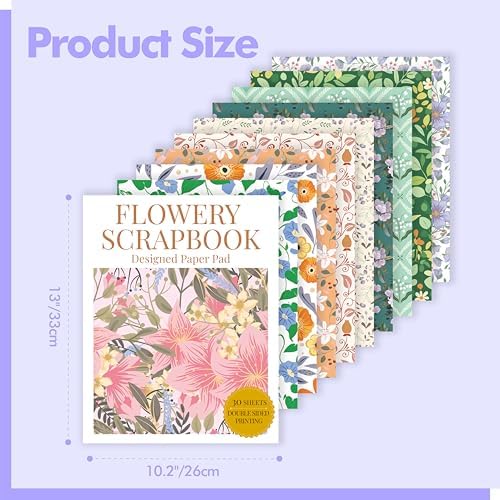 30 Sheets Flowery Pattern Paper Pad, Double-Sided Floral Scrapbook Paper with Vintage Greenery Design, Decorative Scrapbooking Supplies For Card Making, Album, Stamping, Background Decoupage