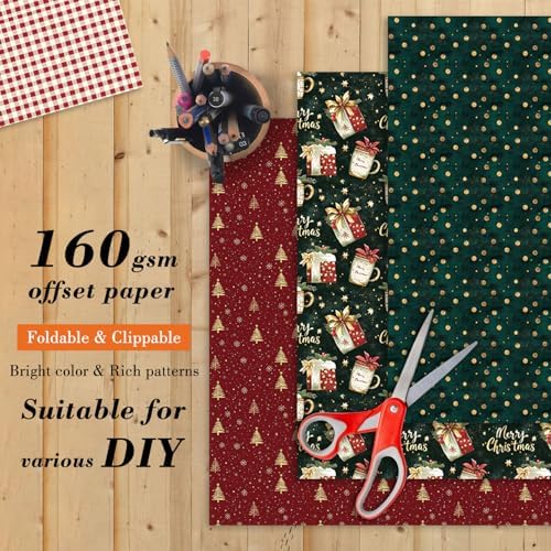 6-in Christmas Scrapbook Paper Pad, 24 Sheets Double Sided Red Green Pattern Decorative Decoupage for Junk Journals DIY Cards Making Folded Materials Photo Album Gift Wrapping Crafts