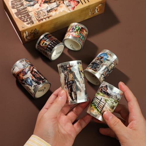 Pre-Cut PET Washi Tape - 6 Rolls, 460 Retro Western Cowboy Designs for Journaling, Scrapbooking Stickers, and DIY Crafts (Transparent, Easy-to-Tear, Durable PET Material)