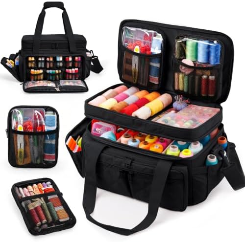 AMOIGEE Sewing Organizer Bag with 2 Clear Storage Boxes, Double Layer Sewing Storage Bag with Removable Pouches & Adjustable Dividers for Thread, Needles, Scissors, Embroidery Floss&Craft Accessories