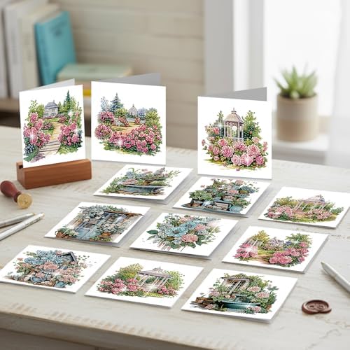 C'eitura 12Pcs Garden Flowers Diamond Art Painting Greeting Card Kit with Envelopes, DIY Floral Christmas Birthday Thanksgiving Card Making Set, All Occasion Handmade Card Craft