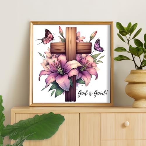 Camocin Framed Paint by Numbers Kit for Adults Beginner - Religious Cross and Lily Paint by Number Canvas with Frame, Faith DIY Acrylic Painting Kit for Christian Home Wall Decor 12x12 Inch