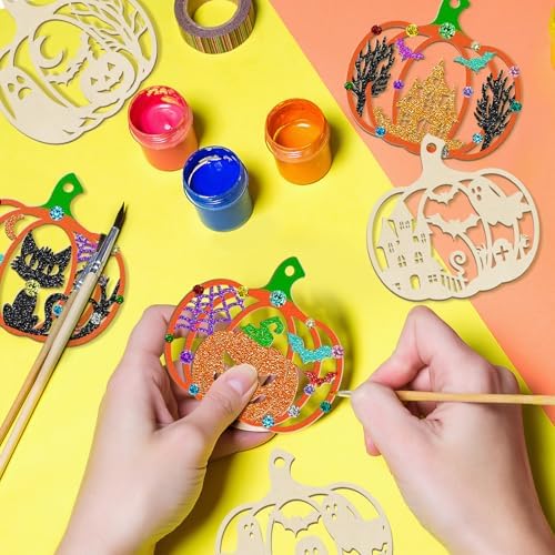 80PCS Wooden Halloween Decoration Pumpkins Ornaments to Paint Happy Halloween Cutouts Unfinished, DIY Blank Unfinished Ghost Spider Web Black Cat Trick or Treat Boo Ornament for Home Crafts Hanging