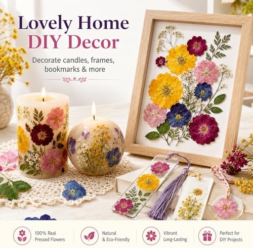 180 pcs Dried Flowers for Resin, Natural Flowers and Leaves Kit with Butterfly Stickers， Vacuum Sealed DIY Pressed Flowers for Jewelry Molds, Candle Soap Making, Scrapbook, Nail Art (Colorful-E)