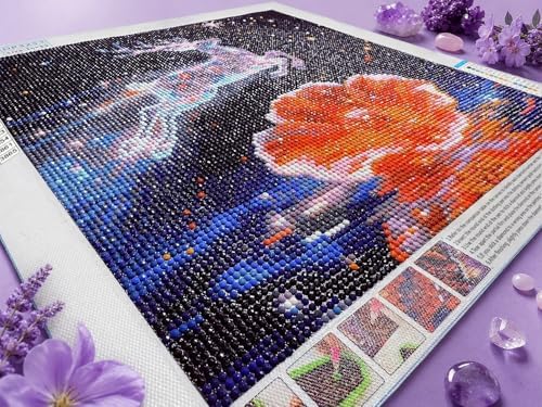 QYLTHRA 5D Full Drill Diamond Painting Kit for Adults & Beginners, DIY Crystal Deer Diamond Art Kit with Fantasy Starry Sky, Golden Flowers & Water Ripples, Home Wall Decor & Gift, 14 x 14 Inches