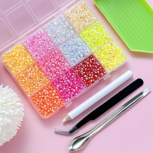 9000Pcs Resin Jelly Rhinestones for Bedazzling 12 Colors 3mm Flatback Warm Tones Gems for Diamond Art, Bedazzler Kit with Tools Perfect for Nail Art Crafting Clothing