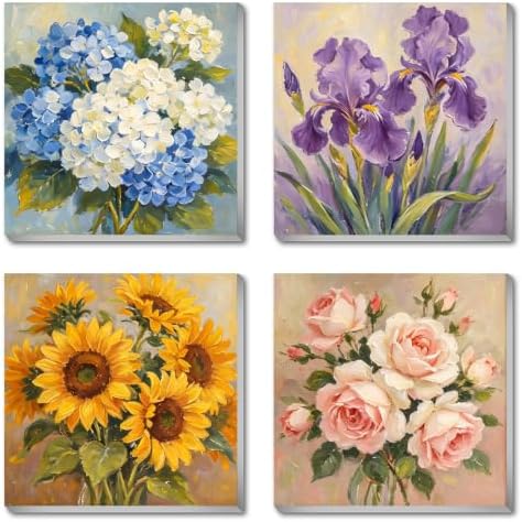 Canrichshop 4 Pack Retro Paint by Numbers for Beginner with Frame,Flowers Adult Paint by Number Kits on Canvas, DIY Number Painting for Adults for Decor 8X 8 inch