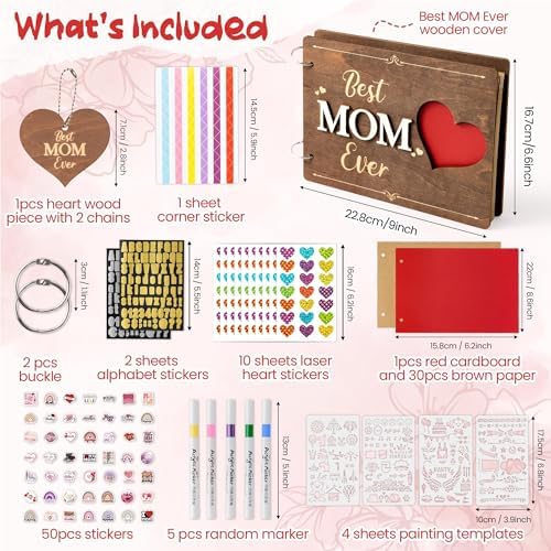 CY2SIDE Best Mom Ever Album Scrapbook - Mother’s Day Wooden Scrapbook Craft Kit, DIY Photo Memories Book with 30 Brown Pages Birthday Gift for Mother’s Day, DIY Handmade Scrapbook Gift for Mom Grandma