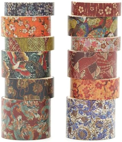 12 Rolls Kyoto Charm Washi Tape Set Japanese Arts Adhesive Tapes Geometric Garden Decorative Masking Tape Sets for Craft, Kids, Scrapbook, DIY, Gift Wrapping (Floral Bird)