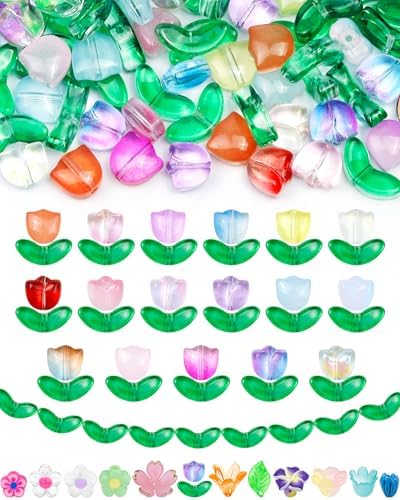 FIVEIZERO Flower Charms, 340PCS Glass Tulip Flower Beads, 17 Colors