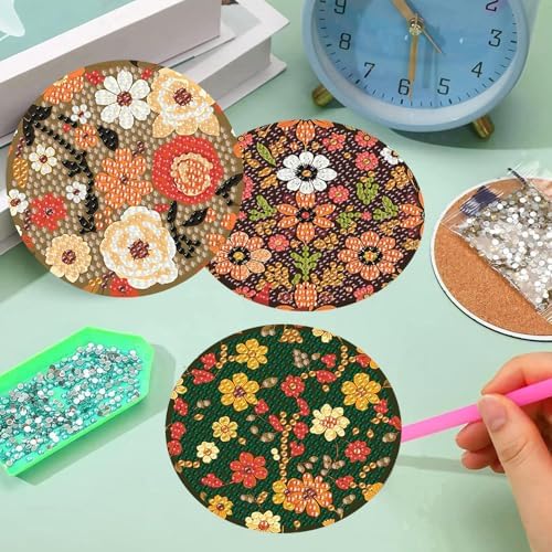 Meothan 8 Pcs Floral Diamond Art Coasters Kit for Adults with Holder 4x4in