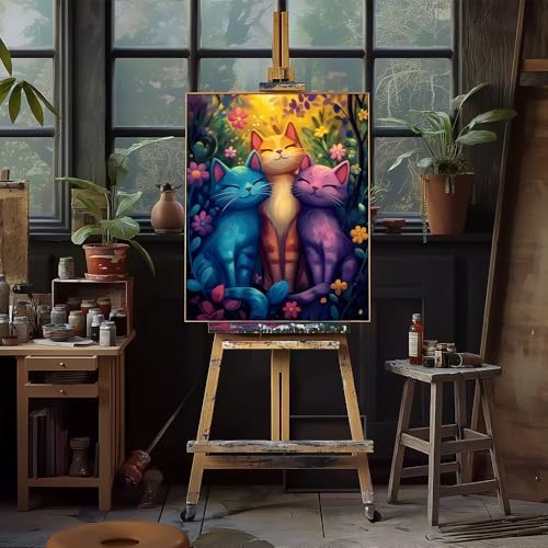 Natuyalo Paint by Numbers Kit for Adults Beginner, Three Little Cats in Flowers Painting by Number Kits on Canvas, Animals Acrylic Paint by Number Kit DIY Painting Kits Home Wall Decor Gift 12X16 inch
