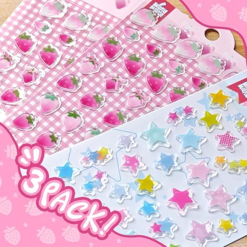 Strawberry & Star Sticker Kawaii Set - 3 Sheets Funny Decals Cute Pink Decorative Stickers for Journaling, Scrapbooking Laptop Phone Case Album Luggage Skateboard Water Bottles