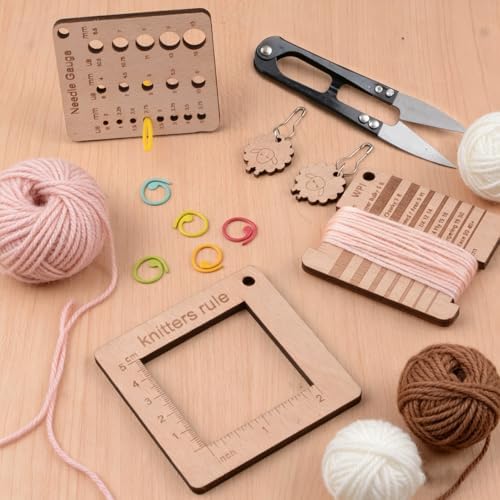 Wood Knitting Gauge Rulers Set, with Tapestry Needles, Stitch Markers, Scissors, Plastic Needles for Crochet Sewing Knitting DIY Crafts