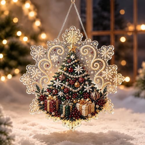 Cheerdox Christmas Pearl Diamond Arts Suncatcher DIY Kit, 5D Diamond Pearl Art Painting Acrylic Round Board with Lace Edge, Christmas Diamond Art Beads Craft Kit for Holiday (Style I)