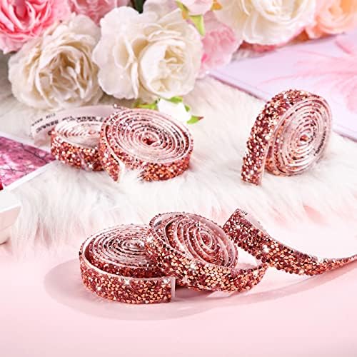 Xinnun 5 Rolls Rhinestone Ribbon Self-Adhesive Crystal Shiny Rhinestone Strips Bling Resin Diamond Ribbon for Graduation Party Decor, DIY Prom Dress,Craft(Pink, Rose Gold,0.59 Inch,Basic Style)