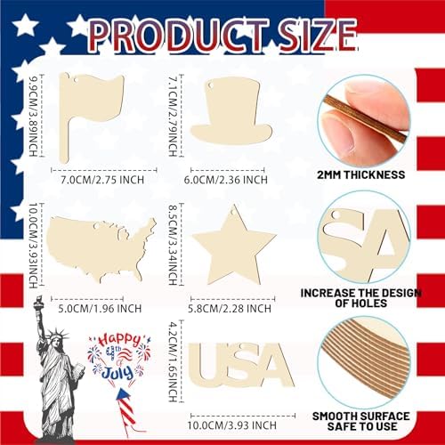 30Pcs Patriotic July of 4th Independence Day Unfinished Wooden Gift Ornaments DIY Craft Activity Paintable Blank Cutouts Hanging Wood Slices for Memorial Day Classroom Art Crafts Party Supplies