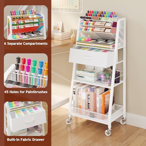 Homsorout 3 Tier Rolling Cart - Metal Utility Cart with Storage Drawer and Wheels, Versatile Art & Craft Organizer for Home, Office, or Studio - Ideal for Storing Brushes, Paints, and Supplies（White）