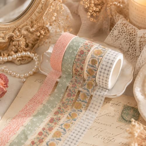 5 Rolls Vintage Washi Tape Set Floral Patterns Decorative Masking Tape