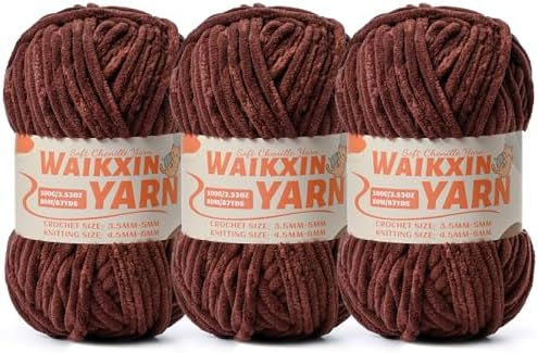 （3 Deep Coffee） 3 Pack Super Soft Fuzzy Chenille Chunky Yarn for Crocheting, 300g (261yds) Velvet Fluffy Amigurumi Yarn for Hand Knitting Baby Blankets Weaving Craft