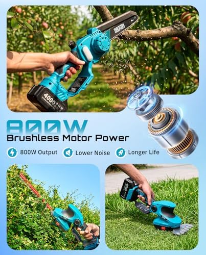 SEESII 3 in 1 Cordless Mini Chainsaw & Hedge Trimmer, Grass Shear Combo | 8 Inch Electric Chain saw Brushless,2x 4000mAh Batteries,Handheld Trimmer, Ergonomic Yard Garden Tool Set for Trimming