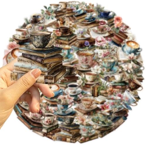 50 PCS Vintage Coffee Book Stickers for Scrapbooking Journaling Junk Journal Supplies -Retro Reading Sticker Waterproof Transparent PET Aesthetic Decals for Resin Crafts Decorative Art Crafts (Read)