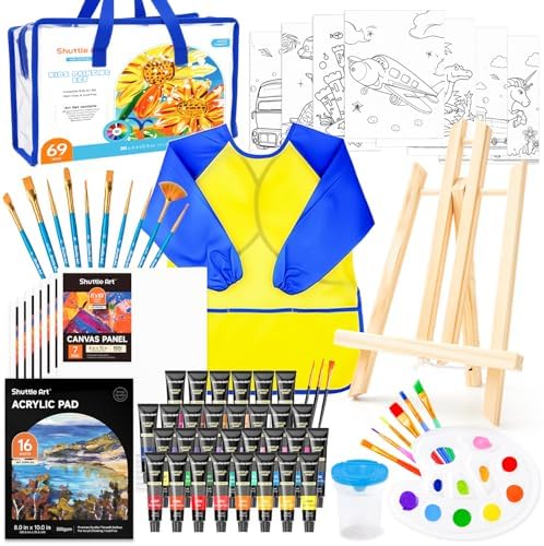 69 Pack Kids Paint Set, Shuttle Art Art Set for Kids with 30 Colors Acrylic Paint, Wood Easel, Canvas, Painting Pad, Brushes, Palette and Smock, Complete Paint Set for Boys and Girls(package may very)