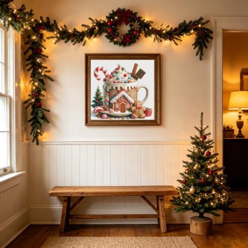 KYOQFVN Christmas Gingerbread Cocoa Mug Stamped Cross Stitch Kits, Embroidery Kits for Beginners Adults, 11 CT Needlepoint Counted Cross Stitch Kits for Beginners Arts Craft 14x14 inch