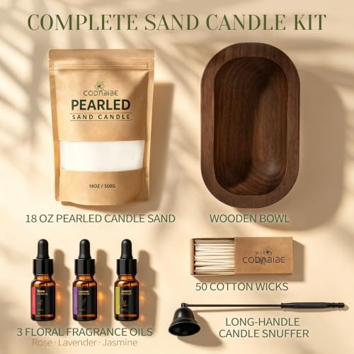 CODABIBE Scented Candle Sand Kit, 18 oz Pearl Candle Sand with 50 Cotton Wicks, 3 Floral Fragrance Oils, Wooden Bowl & Long-Handle Candle Snuffer, Gift Set for Home