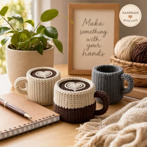 FACE N FACE DIY Crochet Coffee Mug Kit for Beginners – Handmade Yarn Latte Art Cup Craft Set with Yarn, Fiberfill & Step-by-Step Instructions – Easy Beginner Crochet Home Decor Gift for Adults