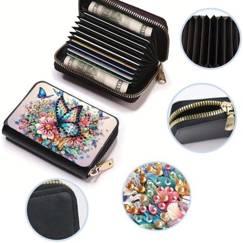 DDGYP 2PCS PU Leather Diamond Art Zipper Card Holder Butterfly