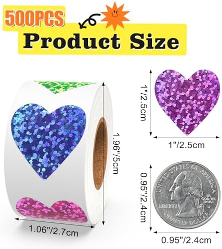Heart Stickers, Valentines Stickers for Kids, 500Pcs 1 inch Self Adhesive Colorful Glitter Sticker for Reward Classroom Teacher Envelope Seal Mother Day Birthday Wedding Gift Decorative Label Sticker