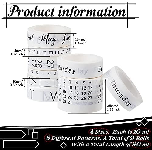 Chuangdi 9 Rolls Calendar Washi Tape Set,White | Vintage Day Week Month Date Number Calendar Washi for Journaling, Planner Decoration, Journal Labels, Arts Crafts