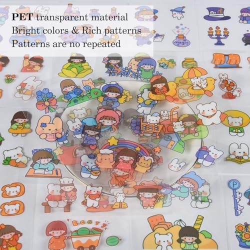Kawaii Cute Cartoon Bear Stickers - 100 Sheets Bunny Transparent PET Journaling Supplies Calendar Decals Sticker for Scrapbook Collage Planners Arts Crafts Water Bottle Phone Case Kids DIY