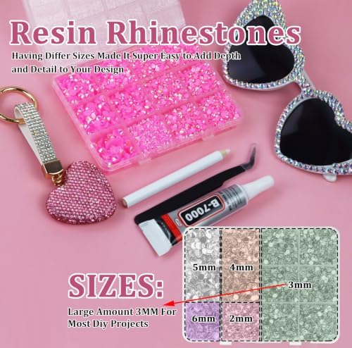 10000PCS Pink AB Rhinestones Bedazzling Gems 2/3/4/5/6MM Mix Sizes Resin Jelly Bedazzler Kit Flatback with Complete Tools for DIY, Nail, Art Craft for Girls Gift