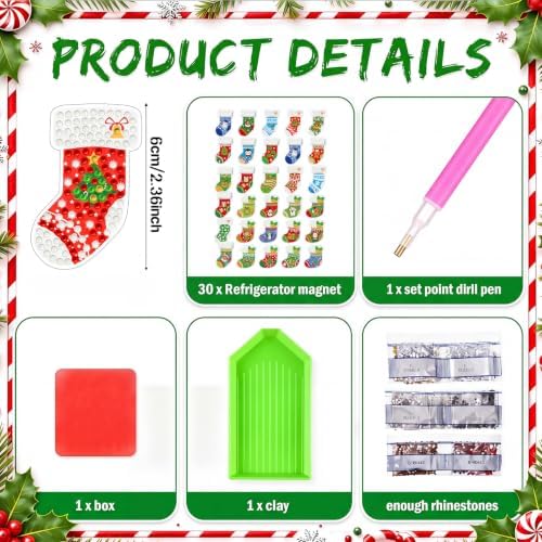 30 Pcs Christmas Diamond Art Magnet, Christmas Stockings Diamond Painting
