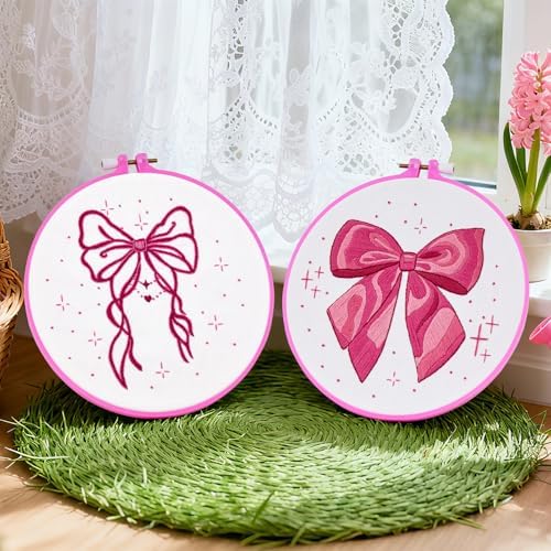 2 Sets Pink Hand Embroidery Kits for Beginners Adults, Cute Bow Embroidery Starter Kits, Cross Stitch Kits for Beginner Needlepoint DIY Kits for Adult, 2 Set Embroidery Hoops, Thread & Video Tutorial