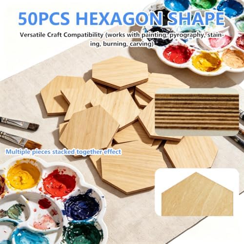 50PCS Wooden Hexagonal, Made of Basswood, 4 Inch Unprocessed Wood Pieces, Natural Star Shaped Wood Blanks, Suitable for DIY Painting, Pyrography, Staining, Carving and Other Crafts, and as Coasters