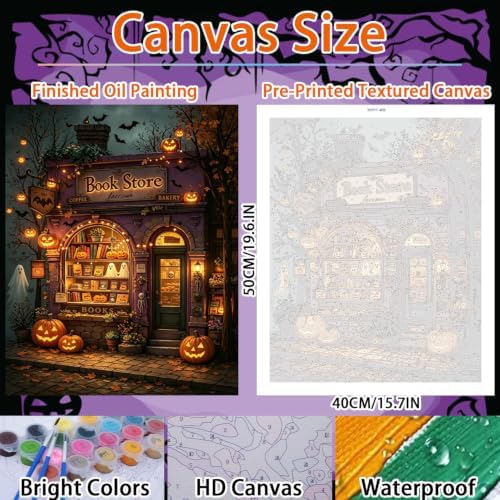 WULINHUAFA Halloween Paint by Numbers Adults Beginner 16x20 Inch | Book Shop Adult Paint by Number Kits, DIY Acrylic Oil Easy Painting by Numbers for Gifts Home Wall Decor Without Frame