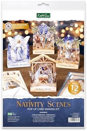 Katy Sue Nativity Scenes Pop Up Christmas Card Making Kit for Adults. Makes 12 Cards & Contains Nativity 3D Die-Cut Decoupage, Supports, Envelopes, Instructions & Foam Pads for Christmas Card Making