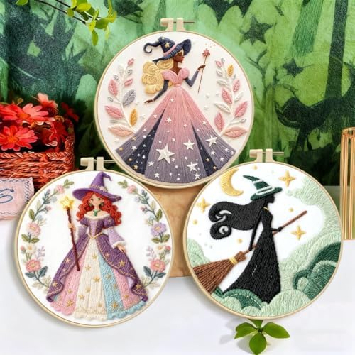 Zhenqing 3-Pack Witch Embroidery Kit for Beginners, Fantasy Magical Needlework Set with Pre-Printed Fabric, Hoop, Threads & Tools, Halloween Decor (C0181)
