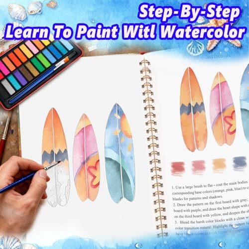 Watercolor Workbook - Coloring Book Beginner Friendly Painting Kit, Watercolor Workbooks for Adults with 24 Colors Paint, Exploration Gift for Adults Teens (Seaside)