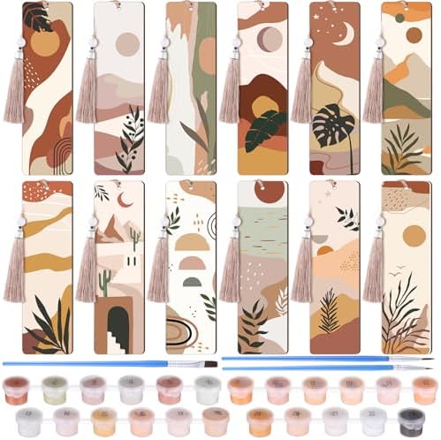 Kosiz 12 Pcs Boho Paint by Number Kit for Adult Wood Bookmark | Mini Paint by Numbers Kit, Painting Decor, Tassels Blank Bookmarks, for Small DIY Craft Book Lovers Gift 7x2 ''