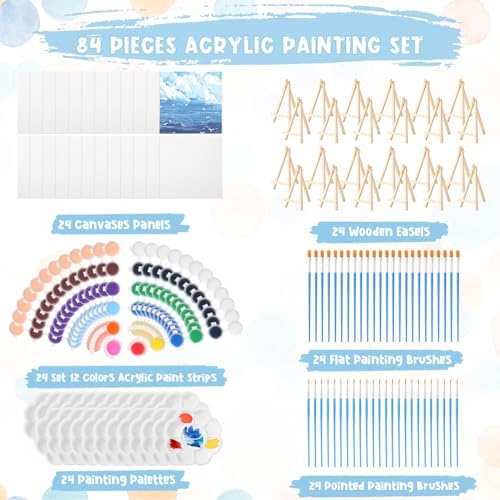 Qilery 24 Set 6 x 6 Inch Canvas Boards and Easel for Painting, Acrylic Paint Strips, Palettes, Brushes, Canvases Painting Kits for Kids Adults Artists Beginners Oil Acrylic Painting Party Favors