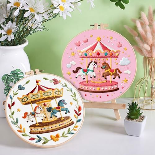 ERKOON 4 Set Embroidery Kit for Beginners, Cross Stitch Set Include Embroidery Cloth Hoops Threads for Craft Lover Hand Stitch with Embroidery Skill Techniques (Carousel)